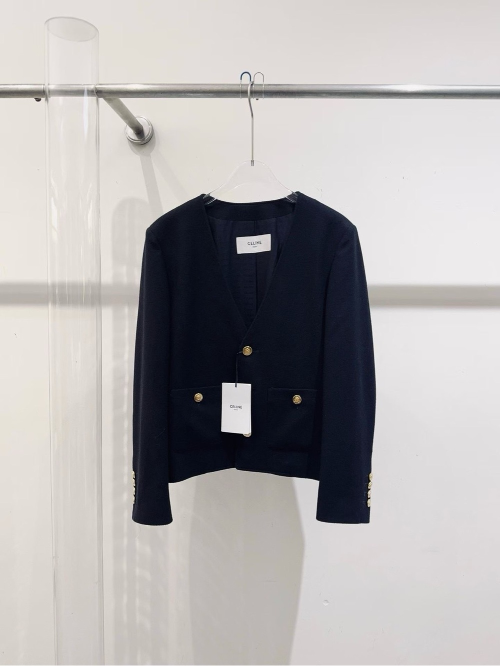 Celine Cropped V-Neck Blazer with Gold Buttons